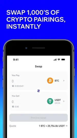 Trust Wallet Swap screen with BTC in the You Pay field, USDT on ERC20 in the You Get field, a Preview swap button and a BTC-to-USDT quote