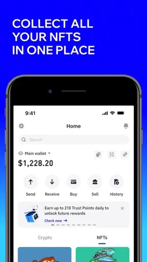 Trust Wallet Home screen showing a $1,228.20 main wallet balance, Send, Receive, Buy, Sell and History buttons, a Trust Points banner and Crypto and NFTs tabs