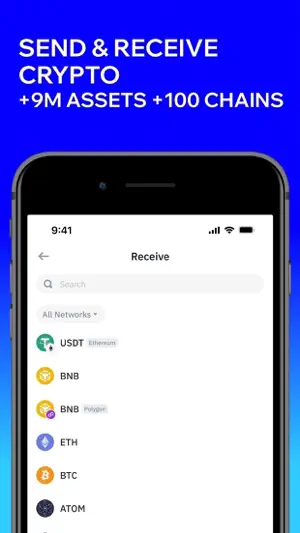 Trust Wallet Receive screen with an All Networks filter above a list of USDT on Ethereum, BNB, BNB on Polygon, ETH, BTC and ATOM