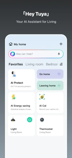 Tuya home screen with the Hey Tuya prompt bar, AI Protect and AI Energy saving tiles, and Go home and Leaving home scenes