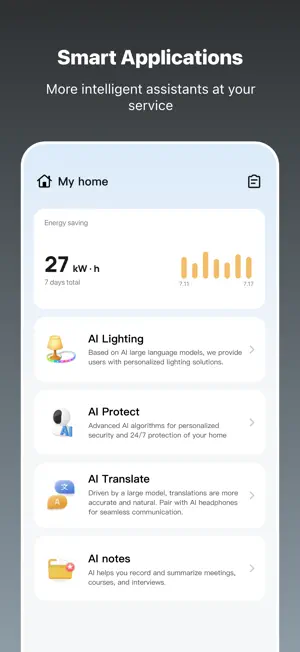 Smart Applications list with a 27 kWh weekly energy total above AI Lighting, AI Protect, AI Translate and AI notes