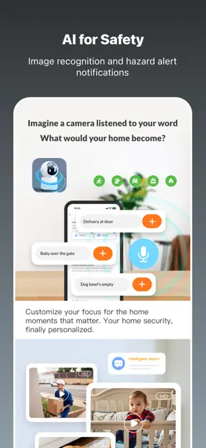 AI for Safety promo showing camera prompts such as Delivery at door and Baby over the gate
