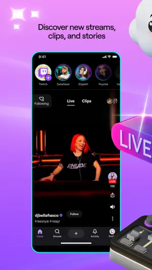 Discover feed with a live stream and a stories row above it