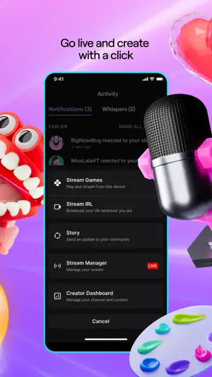 Create menu offering game streaming, IRL streaming and a dashboard