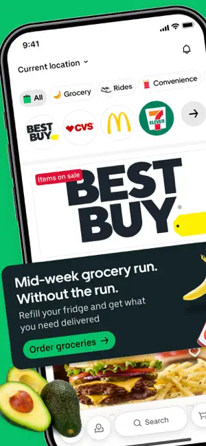 Home screen with grocery, rides and convenience chips above retailer logos