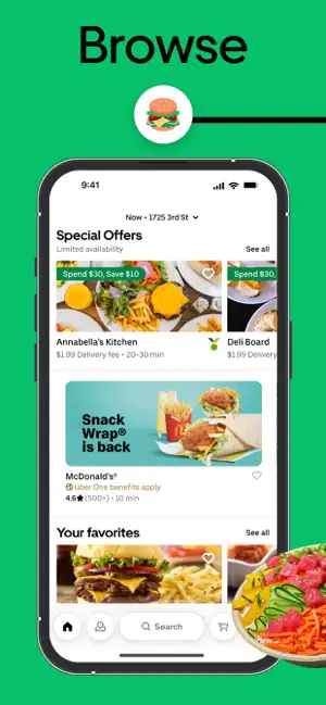 Browse screen with special offers and delivery fees per restaurant