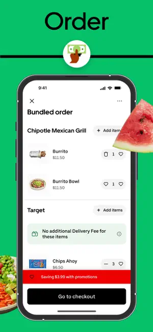 Bundled order combining a restaurant and a supermarket in one checkout