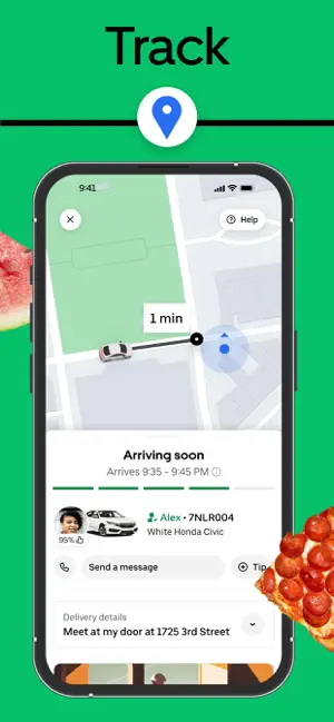 Courier tracked on a map one minute away with a 9:35 to 9:45 window