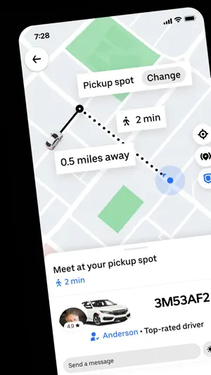 Map showing an assigned car half a mile away with a two-minute walk