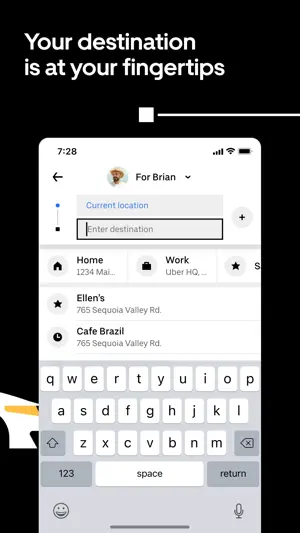 Destination entry screen with saved home and work addresses