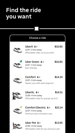 Ride options priced from $10.85 to $15.14 with arrival times
