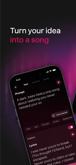 Create screen with a prompt for a dark bass-heavy pop song, genre tags, an Instrumental toggle and a Custom lyrics box