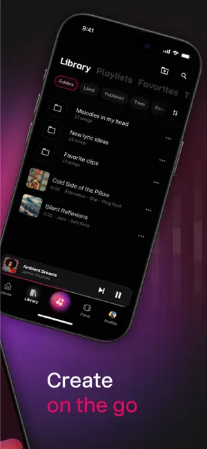 Library tab with folder, Liked, Playlists and Favorites filters, a song list and a mini player at the bottom