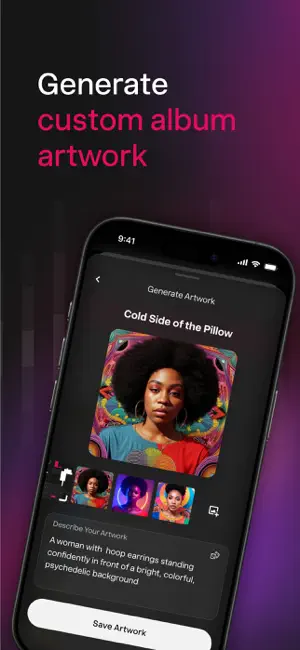 Generate Artwork screen with a painted-style portrait cover, three variants and an artwork prompt box
