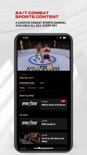 Fight Pass 24/7 channel with a programme guide of PRIDE events
