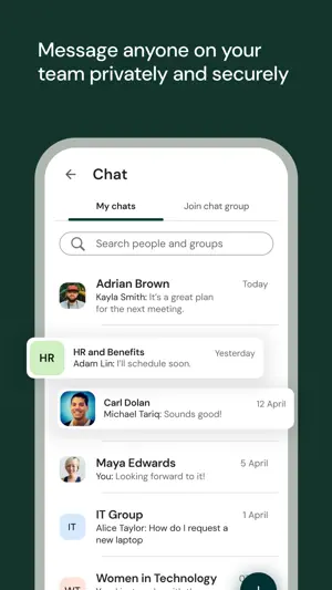 Chat tab with My chats and Join chat group, listing direct messages plus HR and Benefits, IT Group and Women in Technology groups