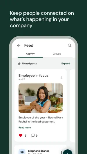 Company feed with Activity and Groups tabs and a pinned Employee in focus post naming the employee of the year