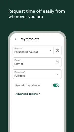 My time off request form with Personal: 8 hours as the reason, a May 19 date, Full days duration and Sync with my calendar switched on