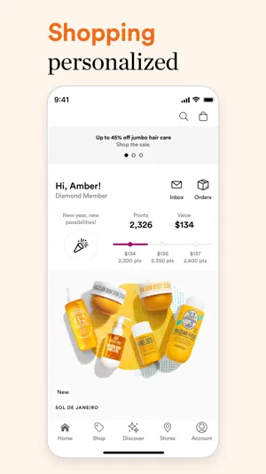 Ulta Beauty app home screen greeting a Diamond Member with 2,326 points worth $134 above a Sol de Janeiro banner