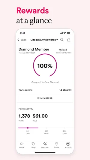 Ulta Beauty Rewards screen at 100% Diamond status, earning 1.5 points per $1, with 1,378 points valued at $61.00