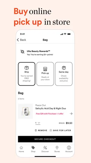 Ulta Beauty bag with Ship, Pick up and Same day options and a Peace Out Salicylic Acid Day & Night Duo at $9.50
