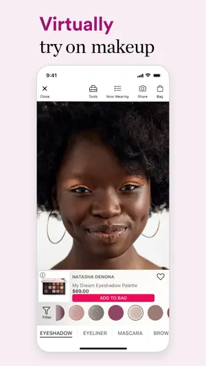 GLAMlab virtual try-on applying a Natasha Denona My Dream Eyeshadow Palette at $69.00, with eyeshadow, eyeliner and mascara tabs