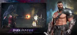 Dark fantasy key art: a bare-chested warrior with a red-armoured woman and a glowing figure behind