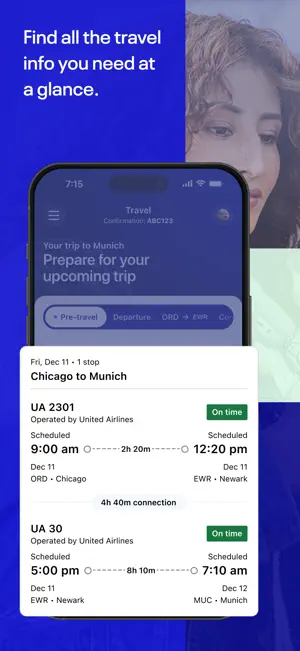 Travel tab preparing a Chicago to Munich trip, with UA 2301 to Newark and UA 30 to Munich both on time and a 4h 40m connection