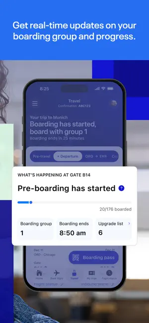 Gate B14 status card showing pre-boarding started, 20 of 176 passengers boarded, boarding group 1, boarding ends at 8:50 am and six on the upgrade list
