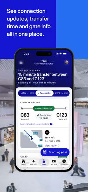 Connection screen at Newark with a 15-minute transfer from gate C83 to C123 in Terminal C and a walking map that says turn left