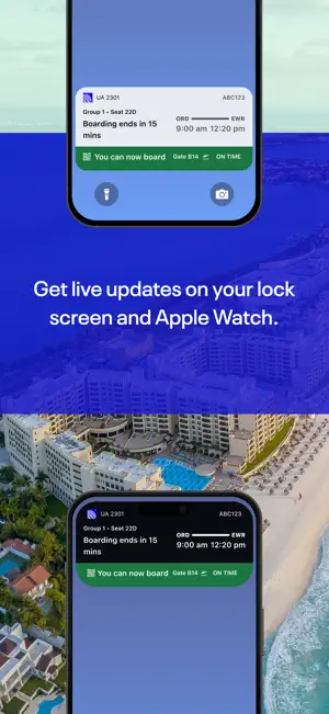 Lock screen and Apple Watch live update for UA 2301 showing group 1, seat 22D, boarding ending in 15 minutes at gate B14, on time
