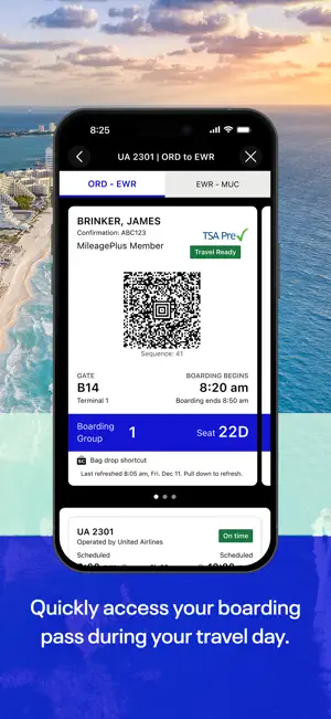 Mobile boarding pass for UA 2301 Chicago to Newark with TSA PreCheck and Travel Ready badges, gate B14, group 1, seat 22D and a bag drop shortcut