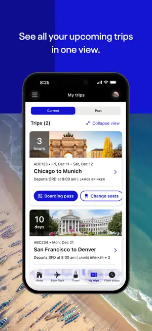 My trips list with a Chicago to Munich trip departing in 3 hours, Boarding pass and Change seats buttons, and a San Francisco to Denver trip in 10 days