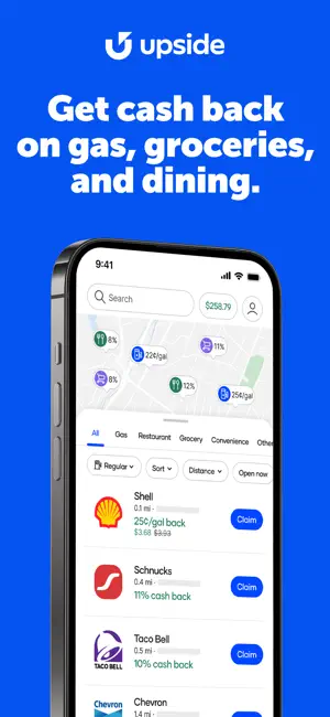 Upside map with gas, grocery and restaurant pins above a list showing Shell at 25¢/gal and Taco Bell at 10% cash back, each with a Claim button