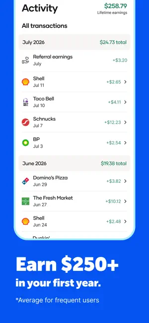 Upside Activity screen listing July and June 2026 earnings from Shell, Taco Bell, Schnucks and BP plus a $3.20 referral bonus, with $258.79 lifetime earnings