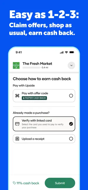 The Fresh Market offer asking how to earn 11% cash back: pay with offer code, verify with a linked card or upload a receipt