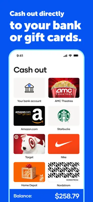 Upside Cash out screen with a bank account option and gift cards from AMC Theatres, Amazon, Starbucks, Target, Nike, Home Depot and Nordstrom