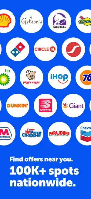 Grid of Upside partner logos including Shell, Taco Bell, Sunoco, Domino's, Circle K, BP, IHOP, Dunkin', Speedway and Chevron, captioned 100K+ spots nationwide