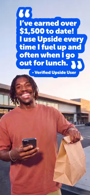 Upside promotional photo of a man holding a phone and a takeout bag beside a user quote about earning $1,500