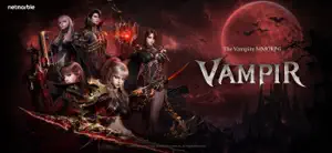 VAMPIR key art — a cast of vampires in dark armour under a blood-red moon with bats