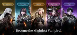 Five class portraits — Bloodstained, Carnage, Akasha, Grim Reaper, Viper — captioned become the mightiest vampire