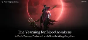 A vampire under a crimson moon with an auto-progress dialogue button, captioned the yearning for blood awakens