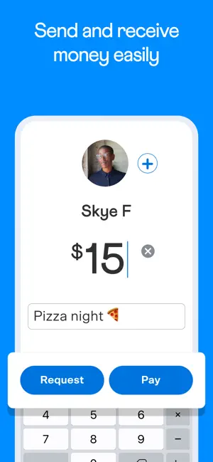 Payment screen sending $15 to Skye F with the note Pizza night