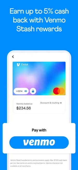 Venmo debit card above a $234.56 balance and a Pay with Venmo button