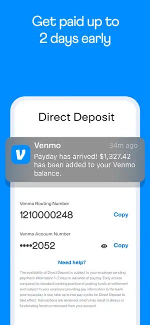 Direct deposit screen showing the routing number and an early payday alert