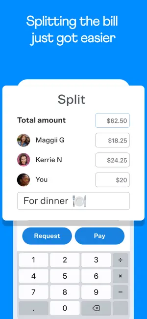 Split screen dividing a $62.50 dinner bill between three named people