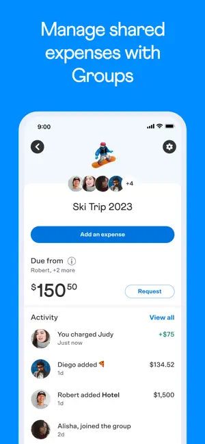 Ski Trip group with $150.50 due from Robert and a list of added expenses