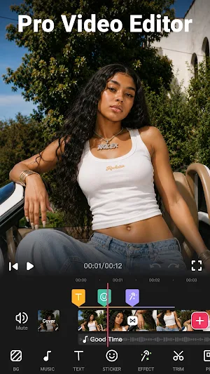Video.Guru editor with a 12-second clip on the timeline above the BG, Music, Text, Sticker, Effect and Trim toolbar