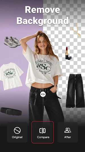Remove Background comparison splitting a photo of a T-shirt outfit into the original and a transparent cutout