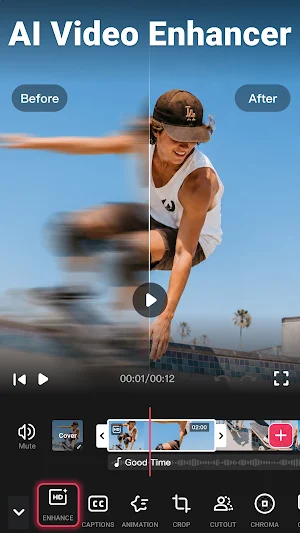 AI Video Enhancer before-and-after split of a blurred skateboarder, with Enhance, Captions, Cutout and Chroma tools below